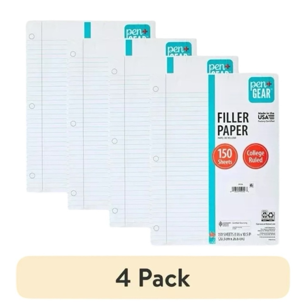 Pen+Gear 150ct Filler Paper College Ruled, 10.5 x 8,(PACK of 4)
